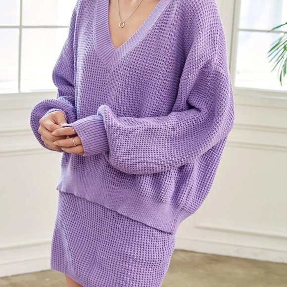 Lilac Waffle Knit V-Neck Sweater Skirt Set Fall Wi - Picture 7 of 8